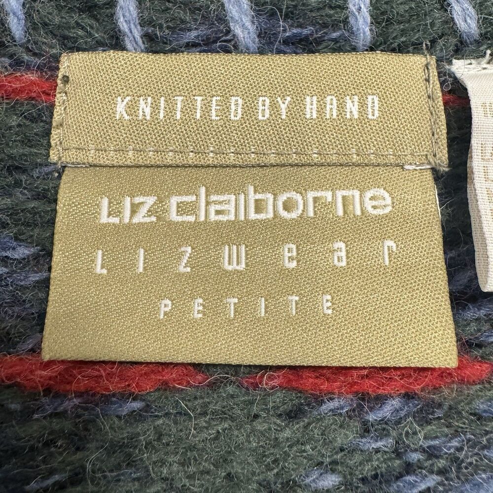 Vtg Liz Claiborne 100% Wool Granny Sweater MP Patchwork Hearts Winter Hand Knit - Picture 5 of 6